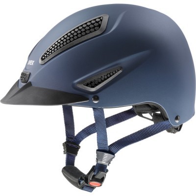 Capacete azul fosco com ventilação hexagonal preta e tiras azuis ajustáveis