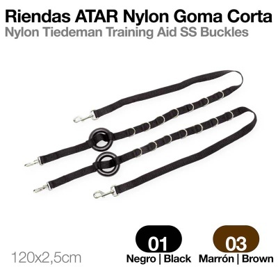 Três riendas de nylon preto com fivelas metálicas e argolas de borracha.
