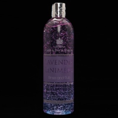 Frasco transparente com líquido roxo e rótulo 'LAVENDER LINIMENT'