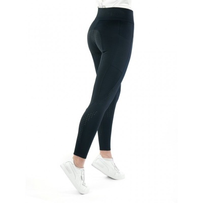 Leggings pretas elásticas com padrão de pontos e cintura alta em fundo branco