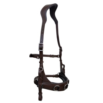 cabresto castanho escuro em couro para cavalo com fivelas prateadas e acolchoamento negro