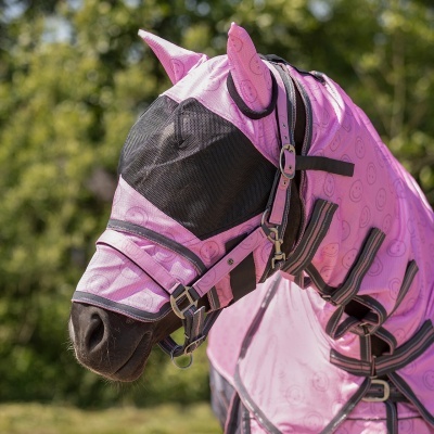 Cavalo com máscara e manta rosa estampadas com carinhas sorridentes em fundo de natureza