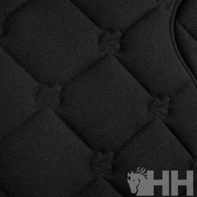 textura acolchoada preta com nós e logotipo HH cinza