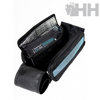 Bolsa preta térmica com detalhes azuis e interior prateado, texto HORSEWARE DEVEE e logótipo HH cinzento