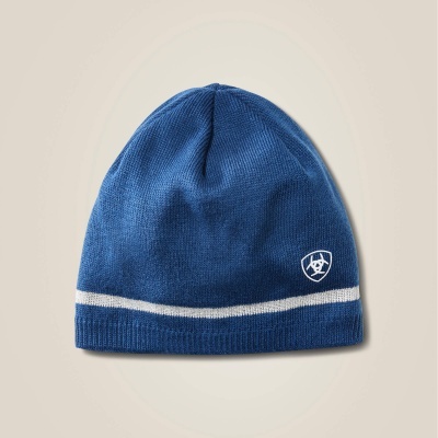 Gorro azul de malha com linha branca e logótipo bordado