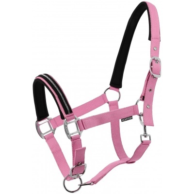 Cabresto para cavalo rosa com detalhes pretos e fivelas metálicas