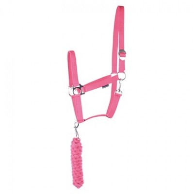 Cabresto rosa para cavalo com corda trançada igualmente rosa