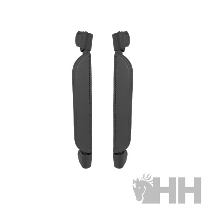 Par de protetores pretos alongados com costuras, fundo branco e logótipo HH