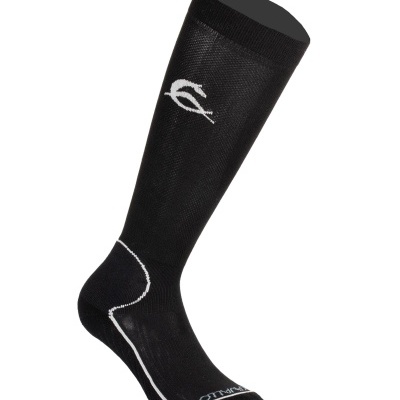 Meia desportiva preta com detalhes brancos e logotipo branco