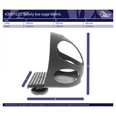 Dispositivo Safety toe cage Matrix cinza com tabela de medidas em milímetros