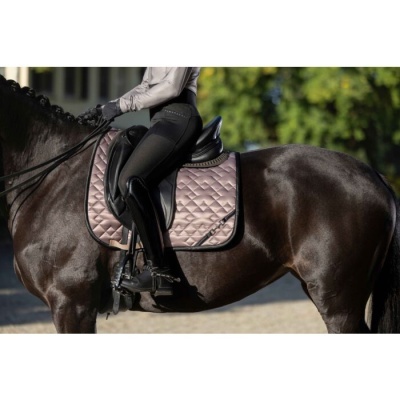 Selim de equitação preto num cavalo castanho com mantilha lilás metálico acolchoada