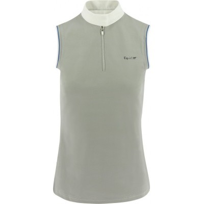 T-shirt feminina cinza sem mangas com gola branca e fecho zip