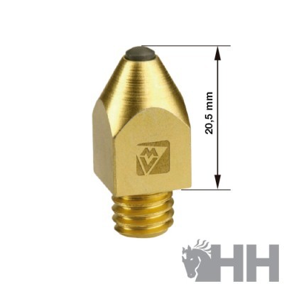 Bico de impressora 3D dourado com ponta preta e medida em milímetros