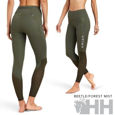 Leggings desportivas verdes com padrão perfurado e logo ARIAT em fundo branco