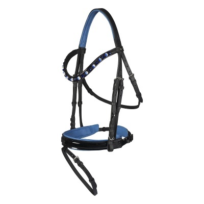 Cabeçada de couro preta com acolchoamento azul e strass azuis