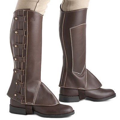 Polainas castanhas em pele com fechos laterais e costura branca