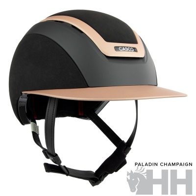 Capacete de equitação CASCO preto e champanhe com viseira e alças pretas