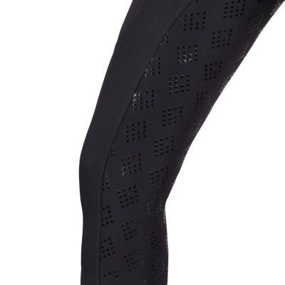 Leggings pretas com padrão perfurado de quadrados e faixa lisa na lateral