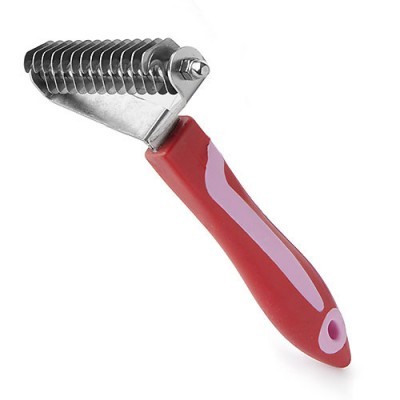 Ferramenta de cozinha com lâminas metálicas e cabo vermelho