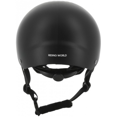 Capacete preto mate com alças de fixação e texto 'RIDING WORLD'