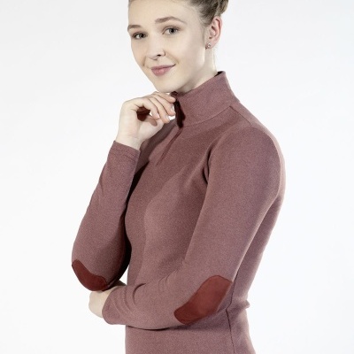 Camisola de gola alta rosa antigo com cotoveleiras castanhas