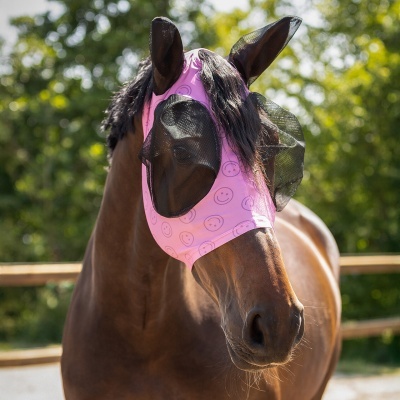 Cavalo com máscara rosa de proteção e rede preta nos olhos e orelhas.
