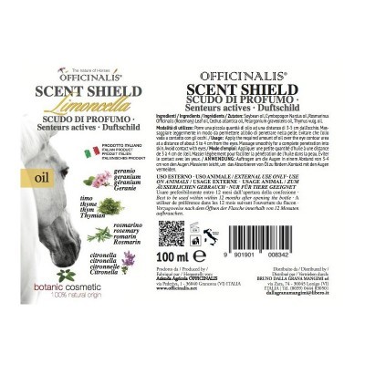 Frasco branco de óleo botânico Limocello Officinalis com texto em italiano e inglês e quantidade 100 ml