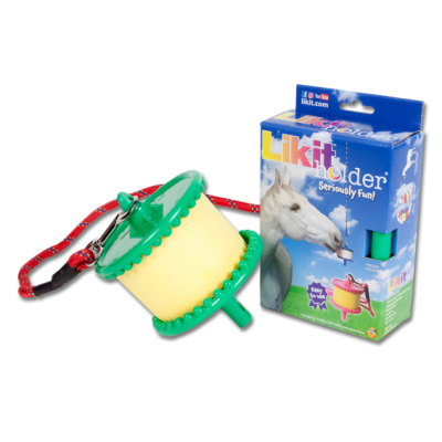 Brinquedo para cavalos Likit Holder com embalagem azul e corda vermelha