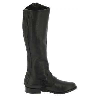 Bota alta preta em pele com sola preta e salto baixo vista de perfil