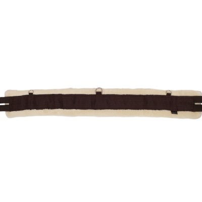 Cincha para cavalo castanha com pelo sintético branco e fivelas metálicas