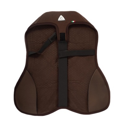 Proteção para costas castanha com tiras pretas e logo ALCANTARA