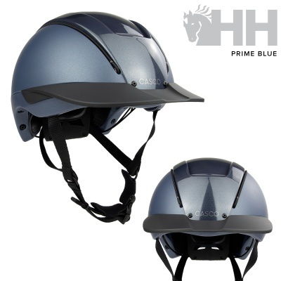 Capacete de equitação azul metalizado CASCO com viseira preta e correia preta