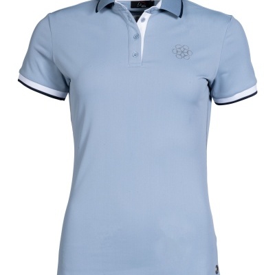 Polo feminina azul clara com gola e punhos em azul e branco