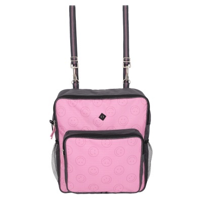 mochila quadrada rosa e preta com carinhas sorridentes e bolso frontal