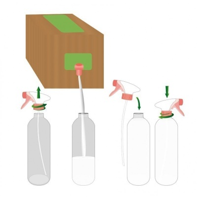 Frascos transparentes com tampas de gatilho rosas e caixa de cartão