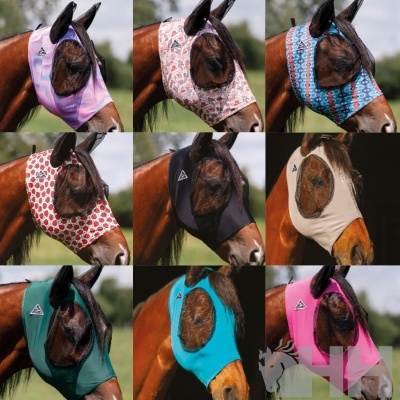 Máscaras coloridas para olhos de cavalo exibidas em nove fotos mostrando diferentes padrões e cores.