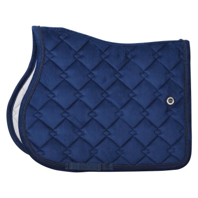 Freio azul escuro acolchoado com padrão de diamante e distintivo redondo