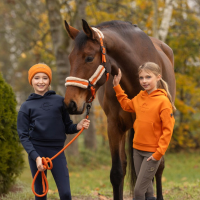 Duas meninas com roupas de equitação em azul e laranja junto a um cavalo castanho com cabresto laranja e branco na natureza.
