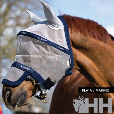 Máscara anti-insetos cinza claro e azul-marinho para cavalo castanho ao ar livre