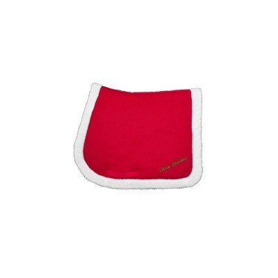 saco para selim de cavalo vermelho com rebordo branco e texto bordado amarelo
