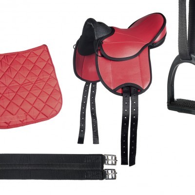 Conjunto de sela e acessórios de equitação em vermelho e preto