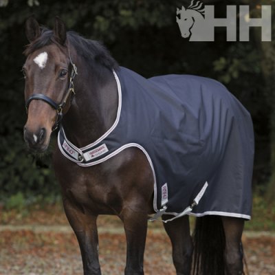 Cobertura para cavalo azul escuro com etiquetas HELLY HANSEN HORSEWEAR, cavalo castanho em ambiente natural