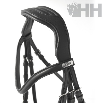 Cabeçada preta de couro acolchoada com etiqueta metálica CENTUS e fivelas em fundo branco