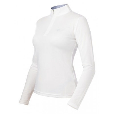 Camisola feminina branca de manga comprida com fecho zip no pescoço