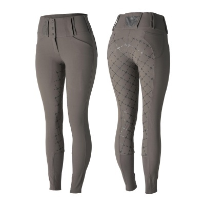 Calças de equitação cinza claro com padrões antiderrapantes pretos