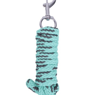 Cabo têxtil trançado azul claro com riscas cinza e terminal metálico prateado