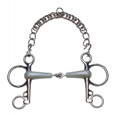 Freno de equitação em metal prateado com bocados brancos e corrente metálica prateada