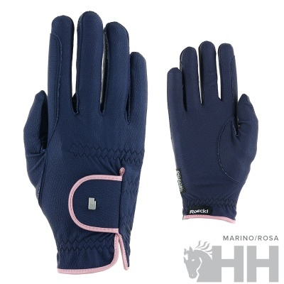 luvas azuis marinho com detalhes rosa e tira ajustável