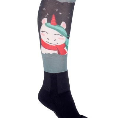 Meia preta com unicórnio e estrelas no topo
