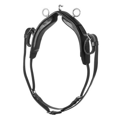 Colar de treino em couro e metal preto com fivelas e argolas.